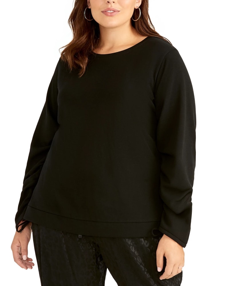 Front of a model wearing a size 0X Rachel Roy Women's Trendy Plus Size Liya Drawstring-Sleeve Sweatshirt Black Size 0X in Black by Rachel Roy. | dia_product_style_image_id:313959